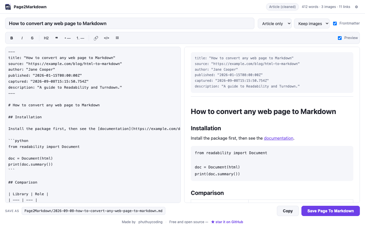 The Page2Markdown editor showing Markdown source beside a live preview