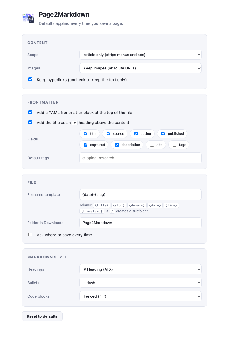Page2Markdown settings page